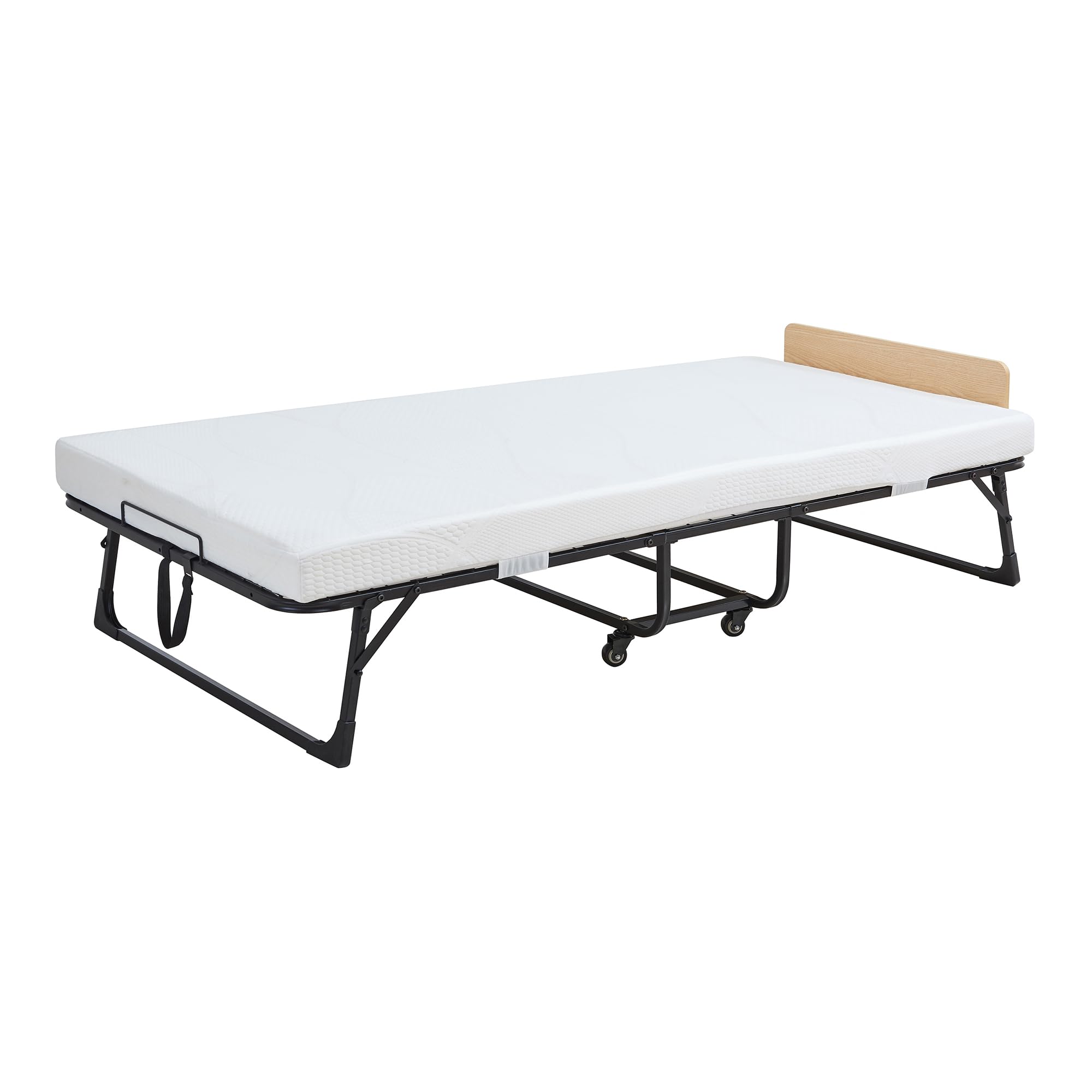 [en.casa] Klappbett 90x200 cm Erwachsene Lustendi mit Matratze Gästebett klappbar mit Kopfteil Metallbett mit Rollen Schwarz/Eicheoptik
