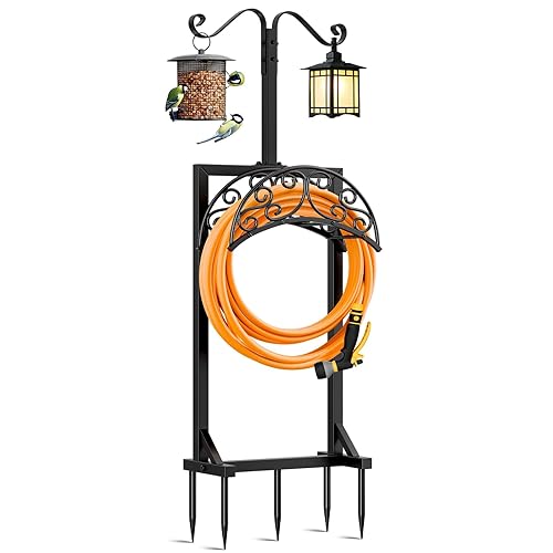 Jvgoo Garden Hose Holder for Outside - Upgraded Water Hose Holders with 5 Spikes & 2 Shepherds Hooks, Freestanding Hose Stand Heavy Duty Hose Hanger Hose Storage Hose Reel Rack for Outside Yard Lawn - Black
