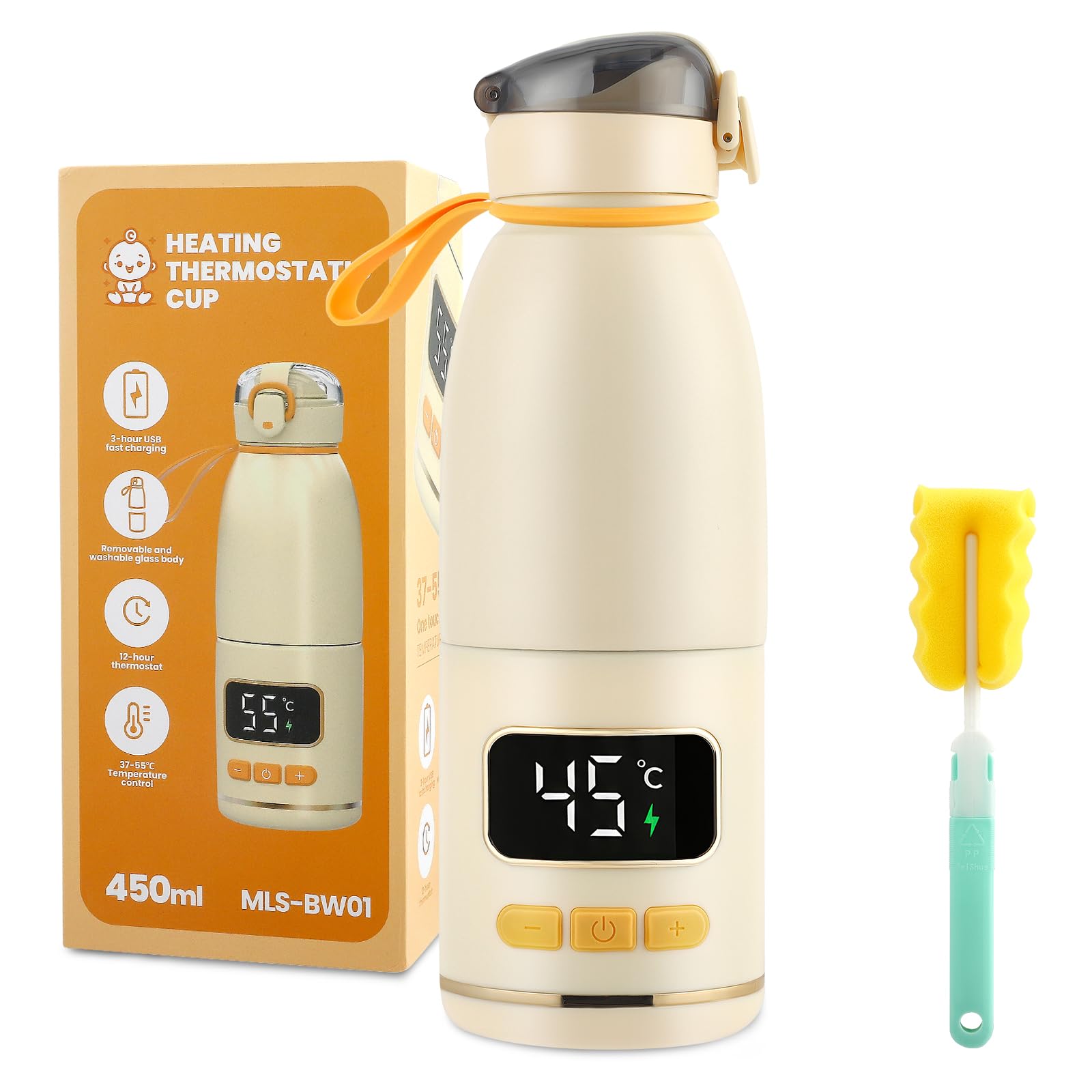 Chauffe Biberon Nomade sans Fil pour Lait Maternel, Chauffage Rapide Lait & Eau, 24h Thermos, Température Réglable 37-55°C, Chauffe-Biberon Portable pour Voyage, 450mL Type-C Rechargeable