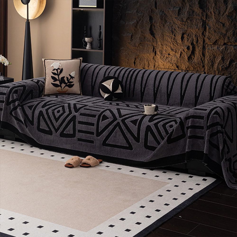 Highdi Short Plush Sofa Cover, Warm Winter Multipurpose Blanket Covers Sofa Universal Sofa Cover for 1 2 3 4 Seater Couch Cover Protector, Geometric Patterns (Anthracite, 180 x 230 cm)
