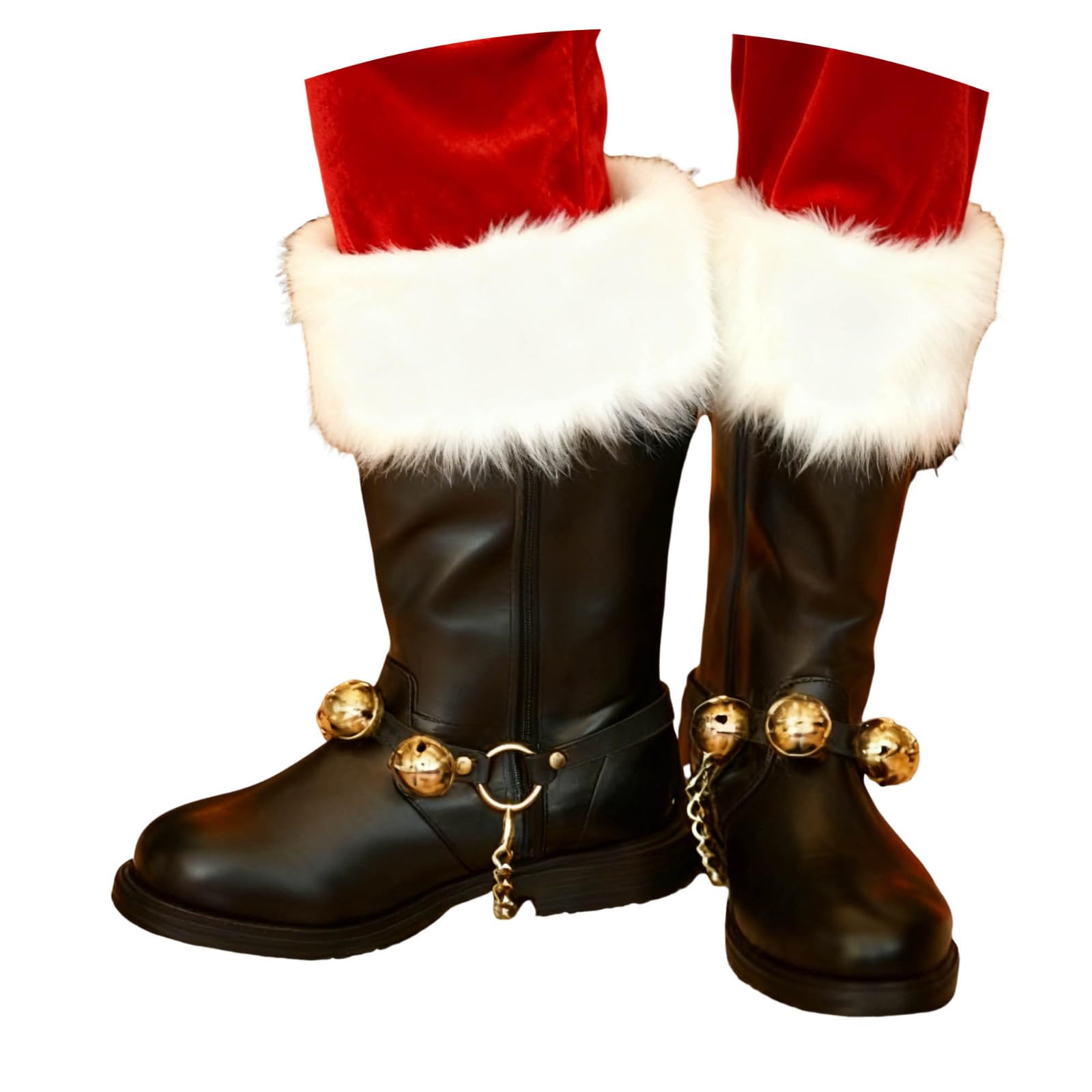 Bottes de Père Noël pour Hommes, Bottes de Neige Larges avec Poignets en Peluche Blanche et Boucle de Fermeture, Couvre-bottes Longueur Moyenne d'Hiver en Cuir, Accessoires de Cosplay du Père Noël