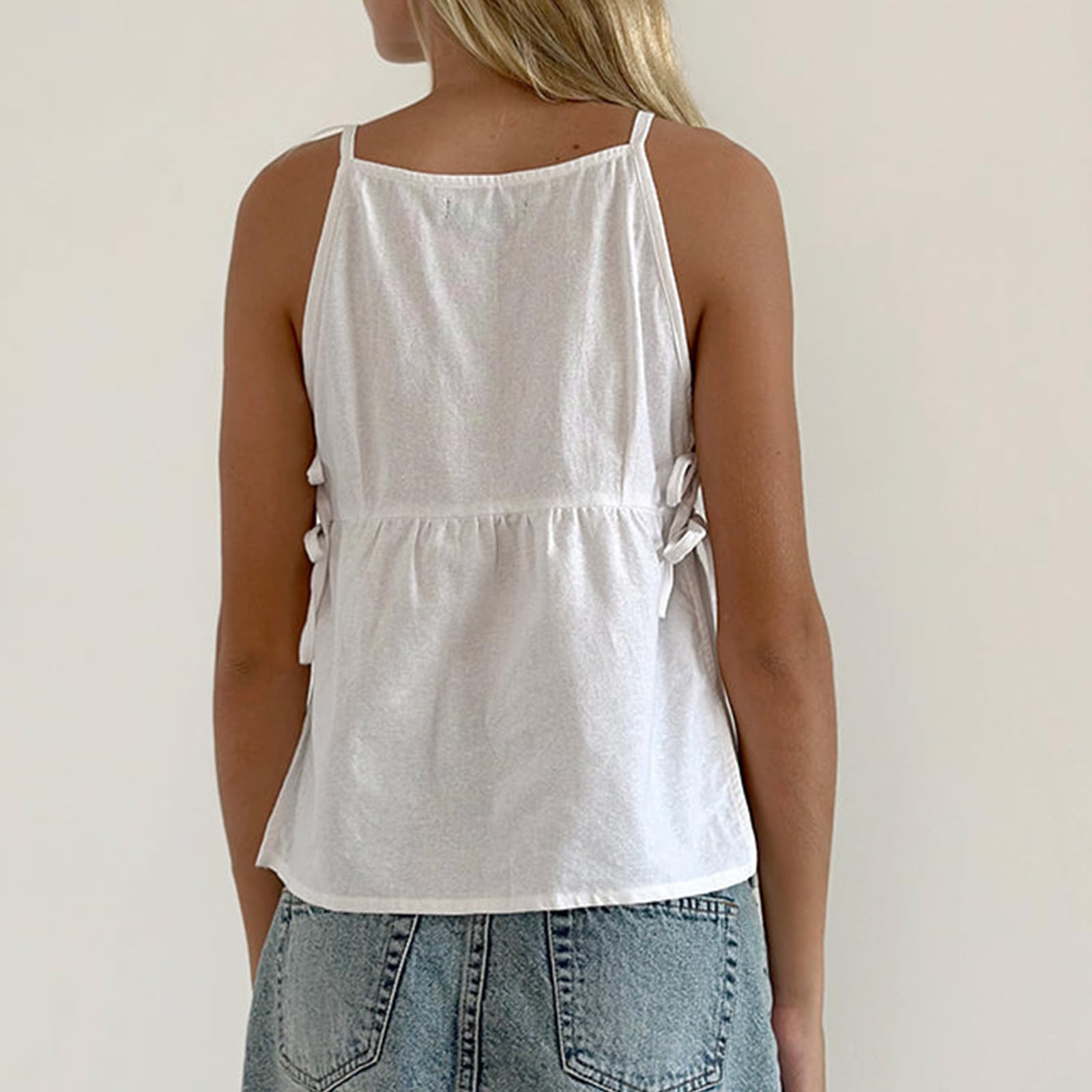 Sexy outfit Damska koszulka typu babydoll z wiązaniem na boku bez rękawów Vintage bez rękawów paski spaghetti koszula z peplum lato wyjściowa odzież typu streetwear top