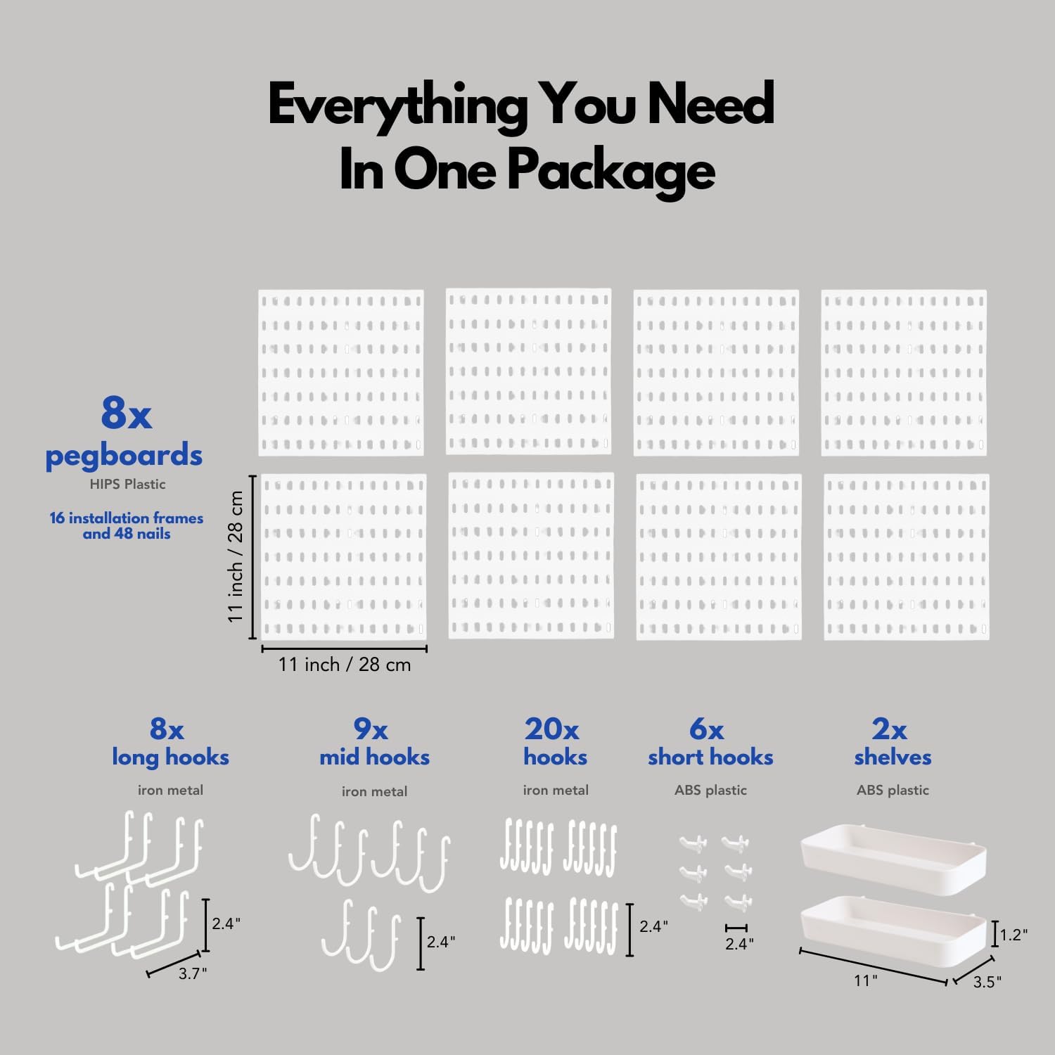 Keepo Pegboard Combination Kit, Pegboards and Accessories Modular Hanging for Wall Organizer, Crafts Organization, Ornaments Display, Nursery Storage, Peg Board (White, 44″×22″)