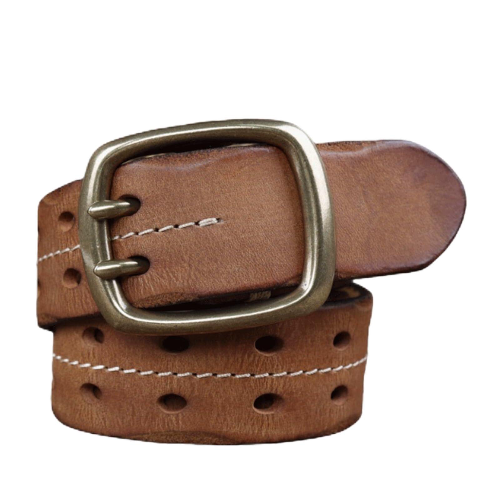 Krxsobnv Men's Khaki Leather Belt, Thickened Edge Pressed Belts With Copper Pin Buckle Classic Belt (,120Cm)
