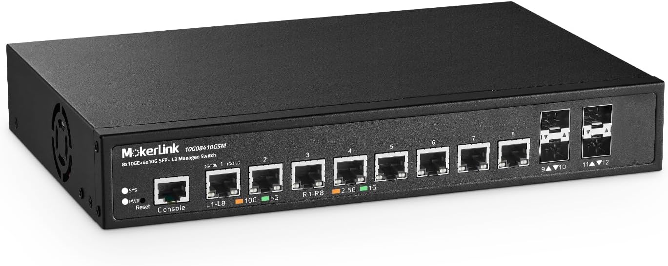 MokerLink 12 Port 10G Managed Switch, 8x10G Ethernet, 4x10G SFP+, 10G/5G/2.5G/1G Auto-Adaptive, L3 Web/CLI Managed, Metal Desktop|Rackmount Network Switch