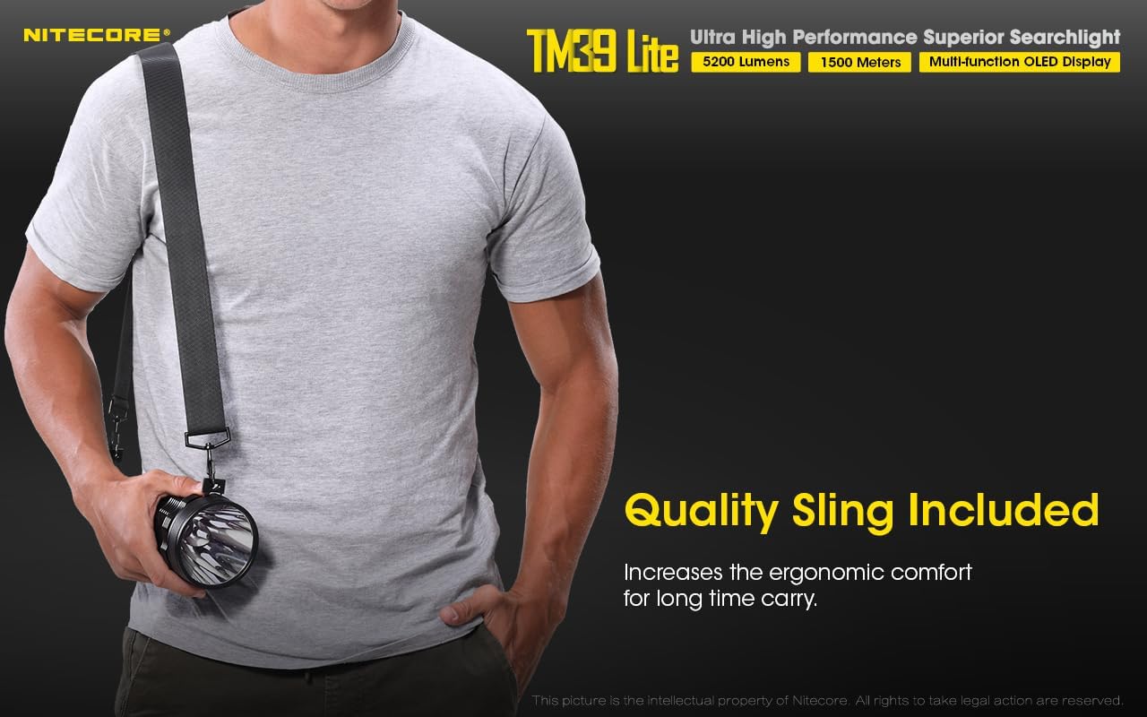 Person wearing the Nitecore TM39 Lite Flashlight with a quality sling