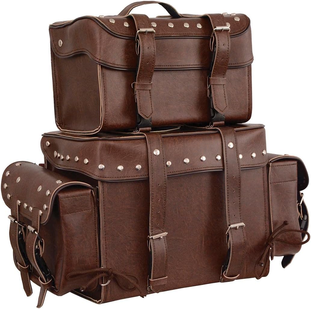 Milwaukee Leather MP8127RT Large Retro Brown 4-Piece Studded PVC Motorcycle Bag Touring Pack - One Size