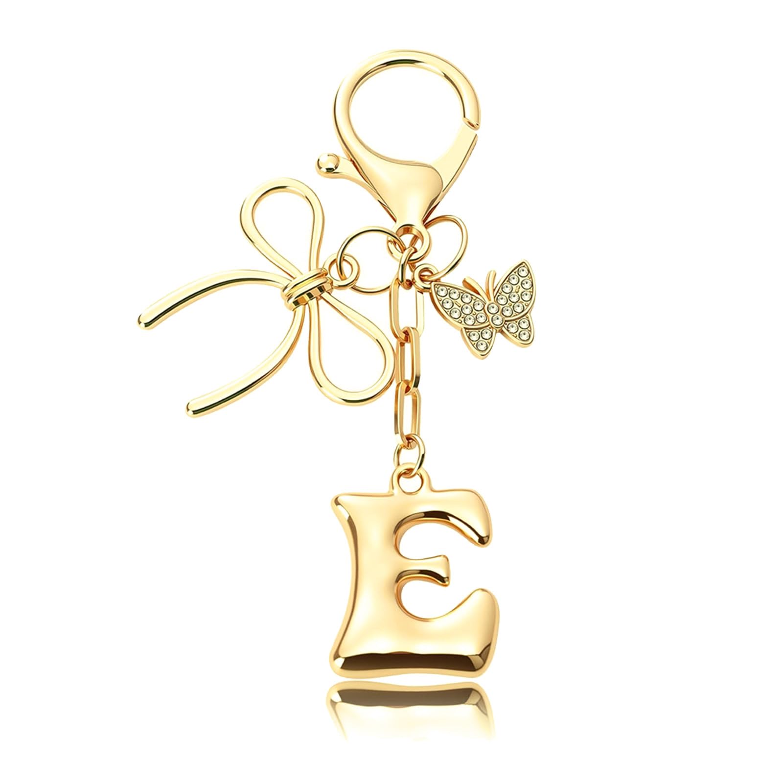 AIKOBAA Gold Letter E Keychain with Bow & Butterfly - Cute Initial Bag Charm for Women, Purse Charms Gold for Tote Bags and Handbags (E)