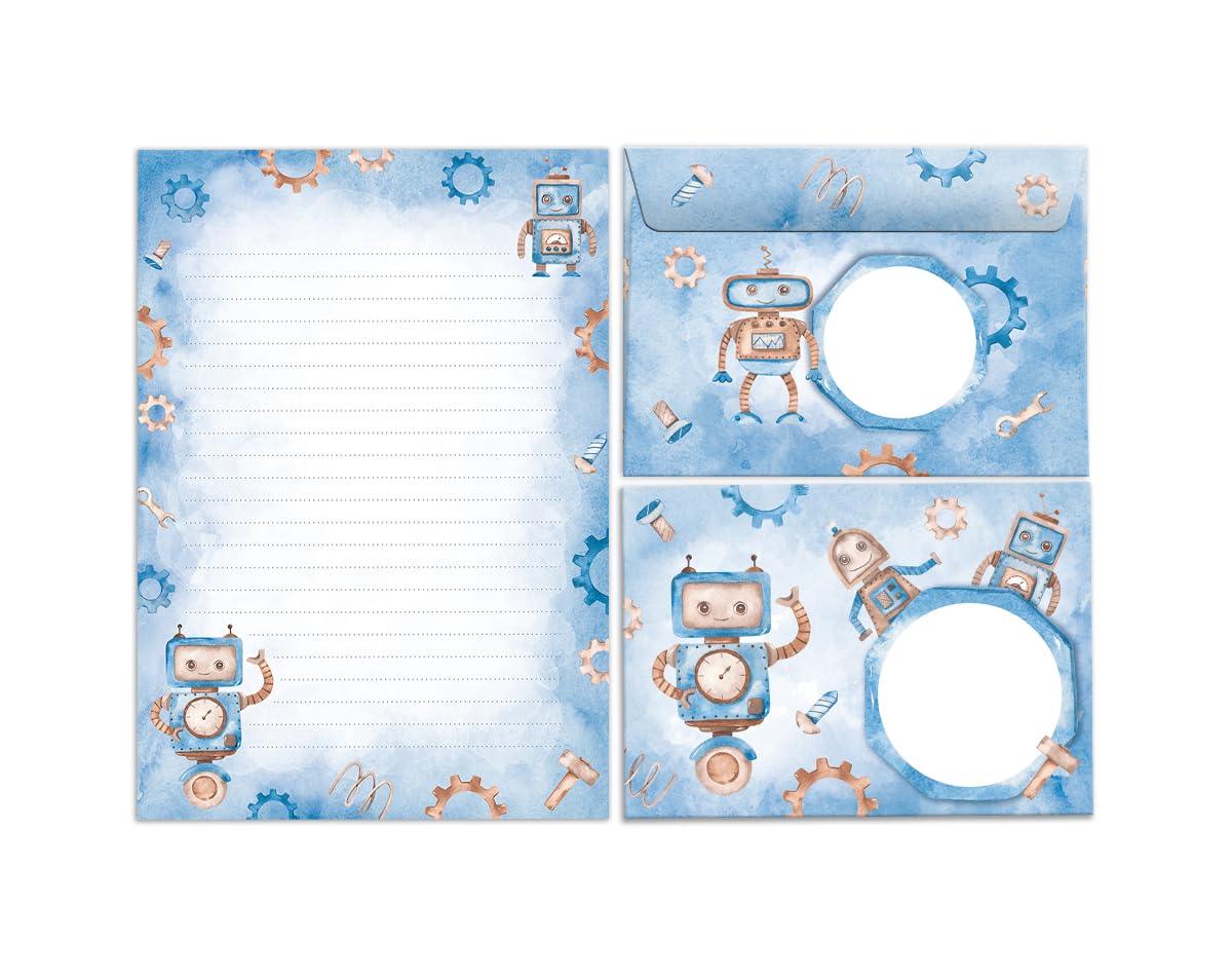 Briefpapier-Set Briefblock mit Umschlag für Jungen Jungs Kinder Roboter Kindermotiv Briefbögenblock liniert (Block A5 mit 25 Blätter + 15 Umschläge)