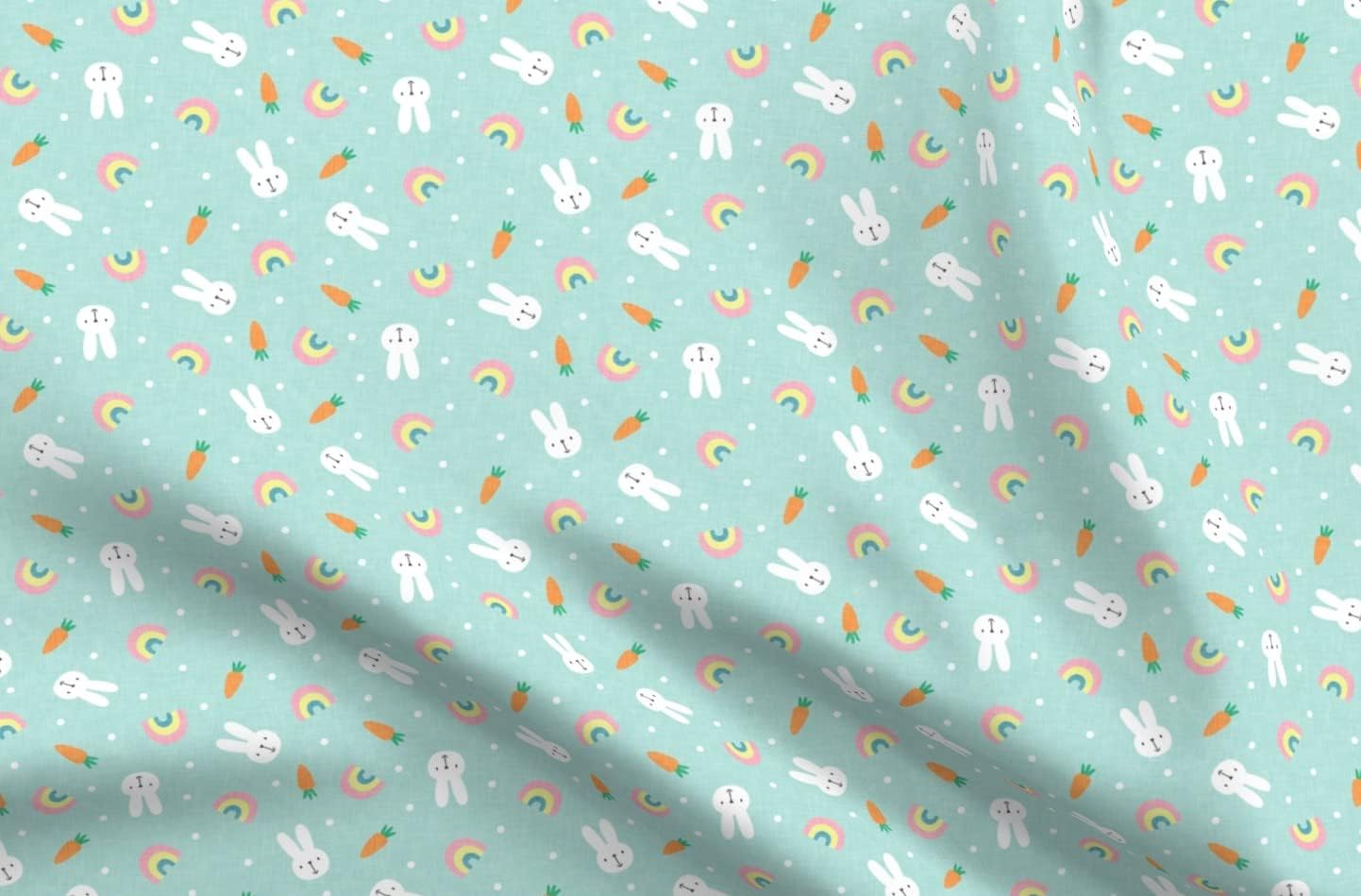 Spoonflower Fabric - Bunnies Rainbows Pastels Aqua Spring Easter Teal Bunny Carrot Printed on Organic Cotton Sateen Fabric by The Yard - Sewing Quilting Apparel Home Decor