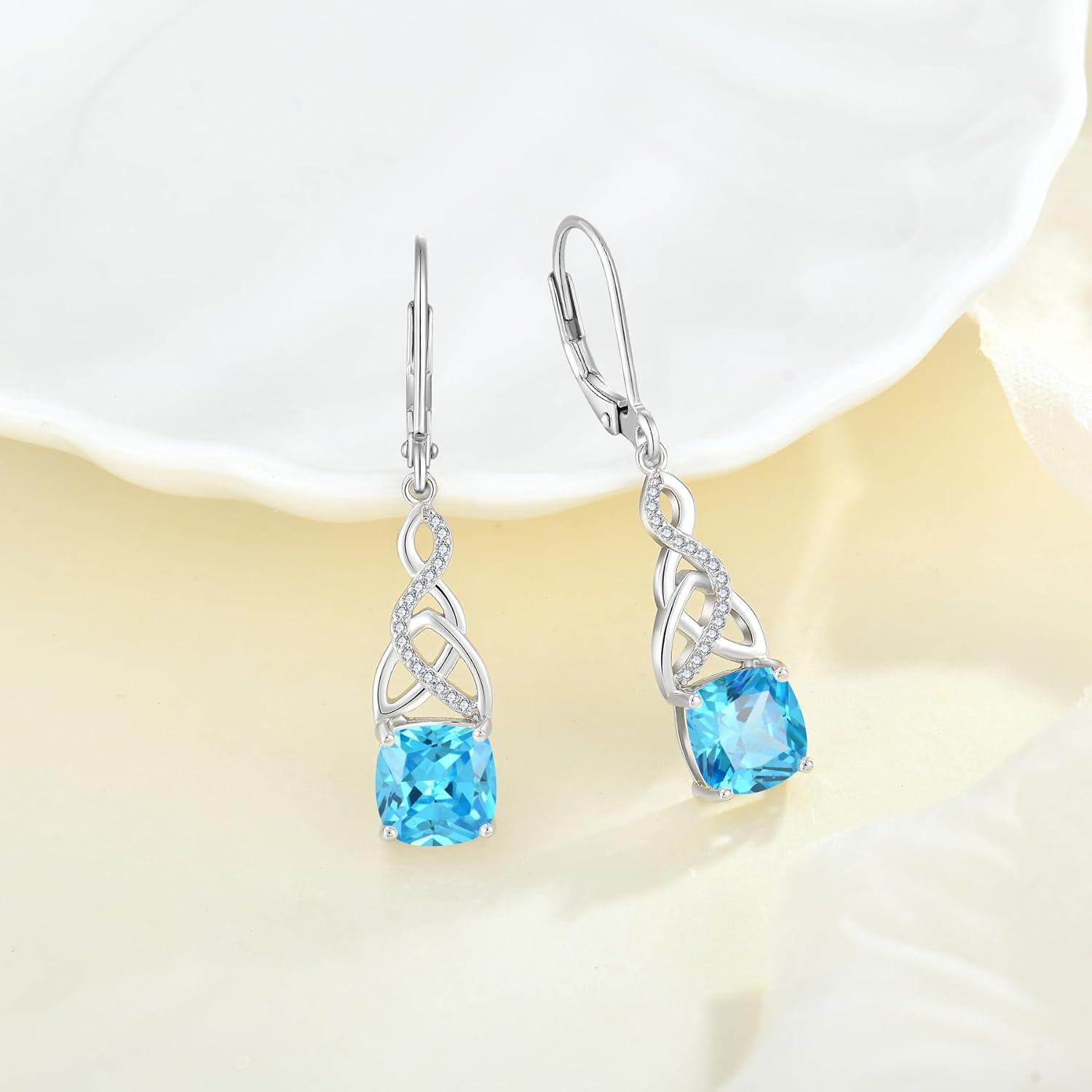 Infinity Celtic Knot Earrings for Women 925 Sterling Silver Princess Cut Birthstone Dangle Drop Leverback Earrings Irish Jewelry for Her