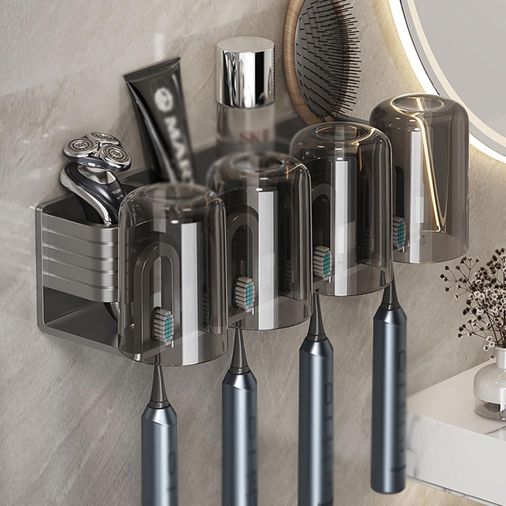 Portaspazzolini Porta spazzolino da denti in alluminio grigio pistola Porta dentifricio da parete for bagno Portaoggetti for pennelli da trucco con tazza Porta Spazzolino da Denti(L26cm)