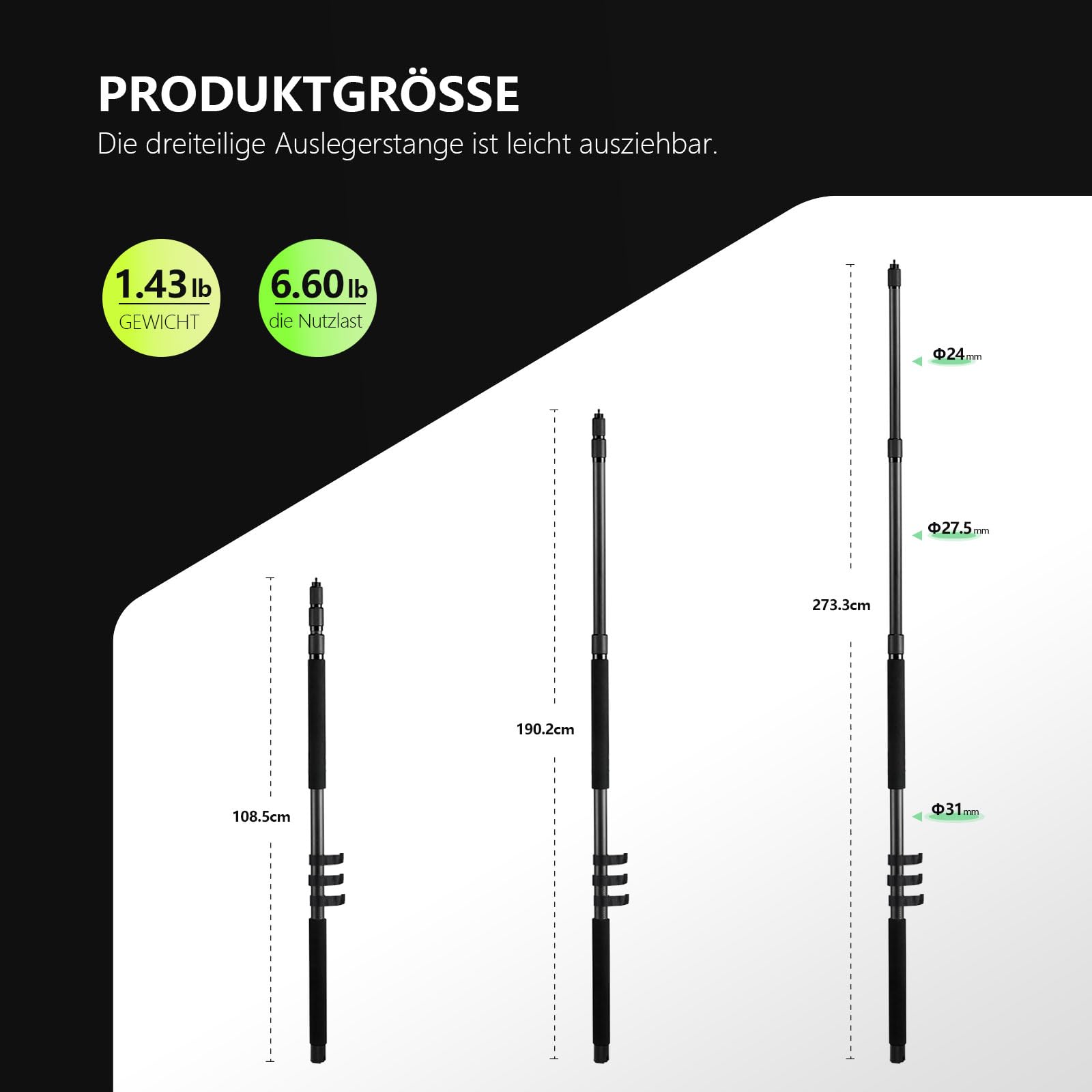 RAUBAY Mikrofon-Boompole, Carbonfaser, 1,1–2,7 m, 1/4" & 3/8", MA01 | 3-teiliger Carbon-Boompole, 1,1–2,7 m, mit 1/4- und 3/8-Zoll-Anschlüssen für Mikrofone und Tonaufnahmen
