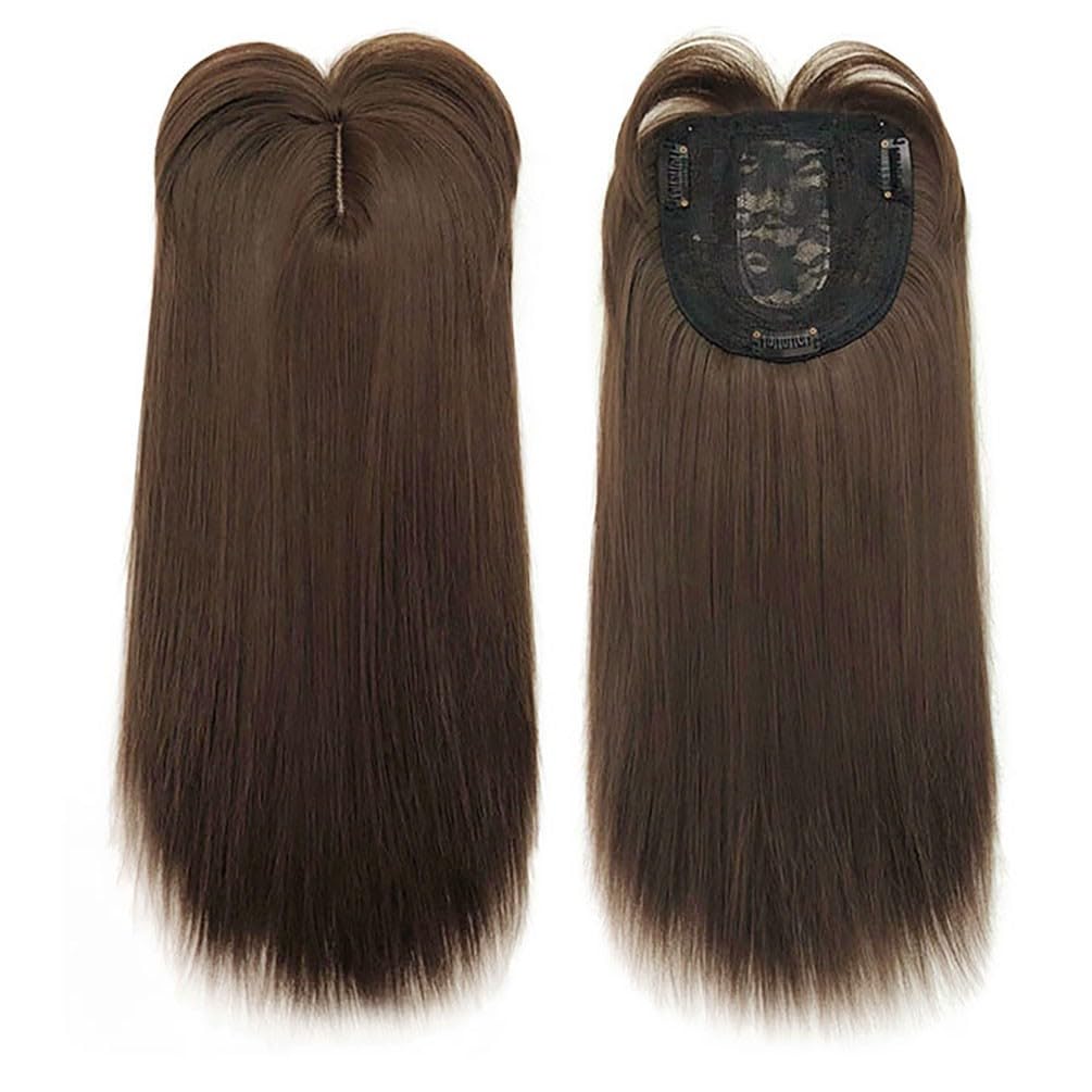 Silk Straight Hair Topper Thick Bangs 16inch Clip in One Piece Invisible Wiglet Head Top Replacement for Women Hair Loss (Light Brown) - Image 2