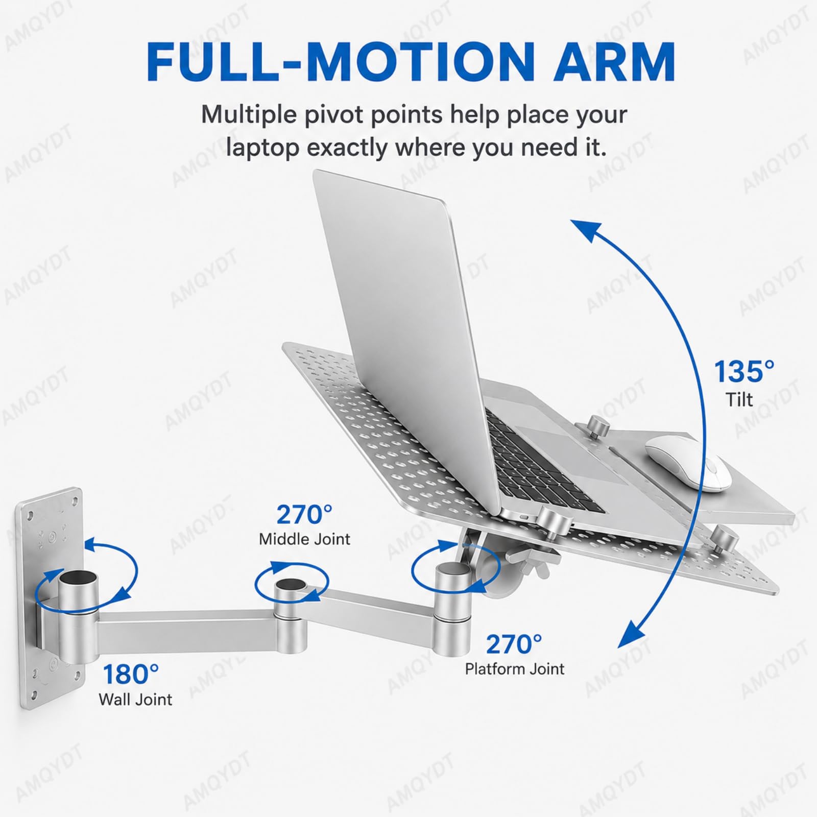 Supporto Da Parete Per Laptop, Supporto Pieghevole Con Vassoio Per Mouse Rimovibile, Capacità Di Carico 8 Kg, Rotazione A 360°, Inclinazione A 135°, Piattaforma Ventilata E Braccio Pieghevole Per