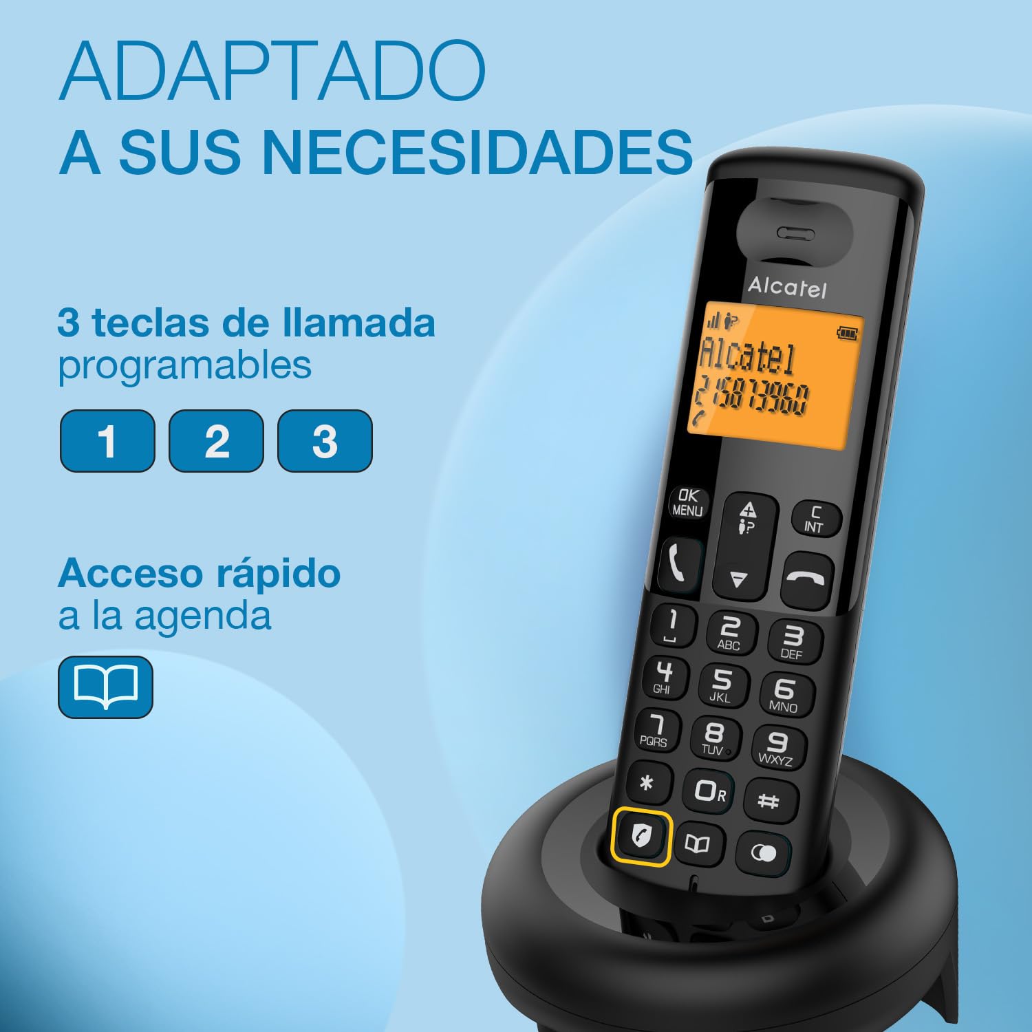 ALCATEL E160 Dúo - Teléfono Inalámbrico DECT - Diseño Compacto - Gran Pantalla Retroiluminada - Bloqueo de Llamadas No Deseadas - 3 Memorias Directas - 2 terminales - Negro