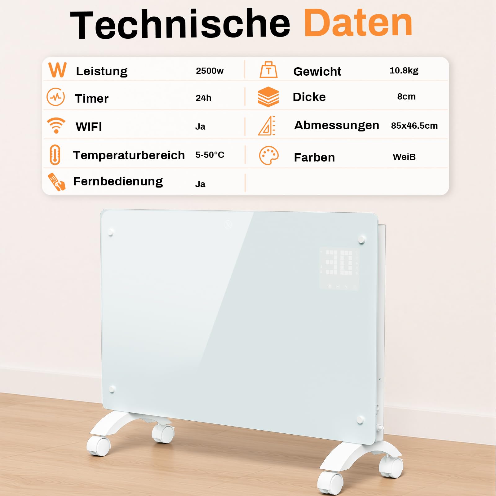 Riscaldamento elettrico convettore 2500 W, da parete e da terra