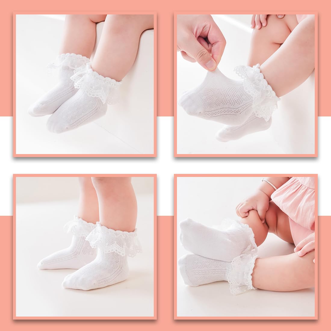 Confezione da 2 calzini in pizzo con volant, per bambini, per la scuola, per bambini, con volant, in cotone, pizzo, per battesimo, occhielli, per neonati
