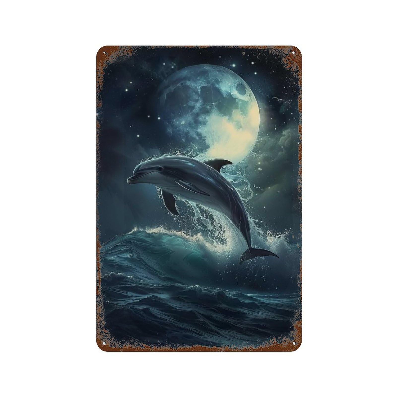 Dolphin Fantasy Cosmic 11.8"x7.9" Aged Metal Wall Plaque, Vintage Wall Decor for Bistro, Counter And Cafe Decor