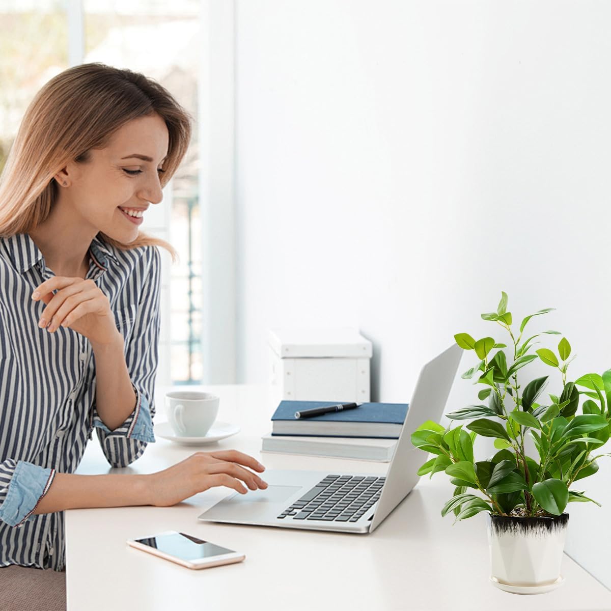 16 inch Fake Plants Indoor Realistic Thick Evergreen Leaf Artificial Plant with Black and White Creamic Pot for Farmhouse Home Room Bedroom Kitchen Office Desk Decor