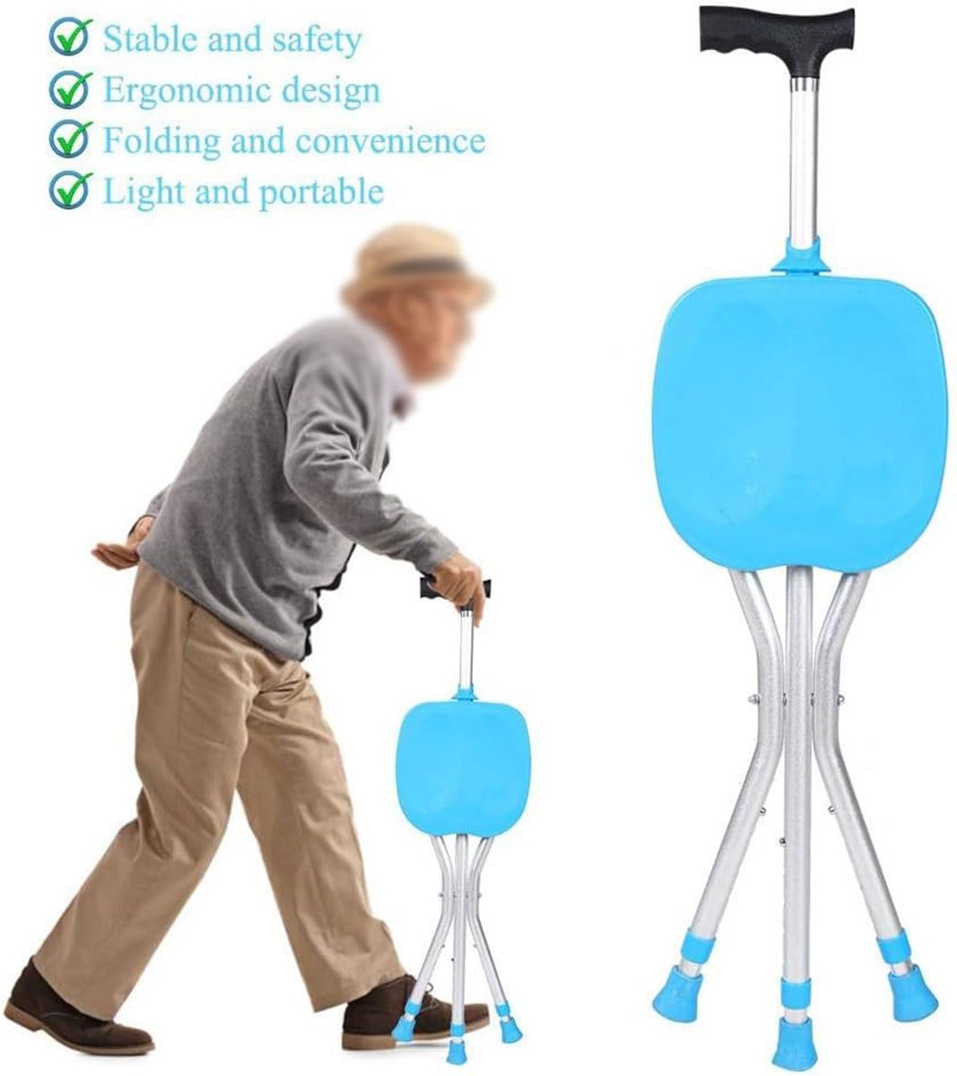 Bastones con Silla Plegable Bastón para Trípode Ajustable A La Altura Bastón Ortopédico Ayuda para Caminar Silla Asiento Muleta para Ancianos Y Discapacitados Mango Ergonómico