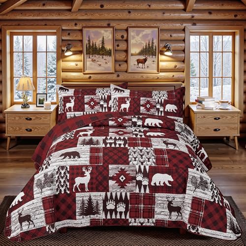 3 Piece Cabin Full/Queen Quilt Sets Christmas Rustic Reversible Microfiber