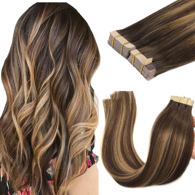 GOO GOO Tape in Hair Extensions Human Hair, 4/27/4 Balayage Chocolate Brown to Caramel Blonde, 20inch 100g 40pcs, Skin Weft Seamless Invisible, Silky Straight with Thick Ends, Remy Human Hair