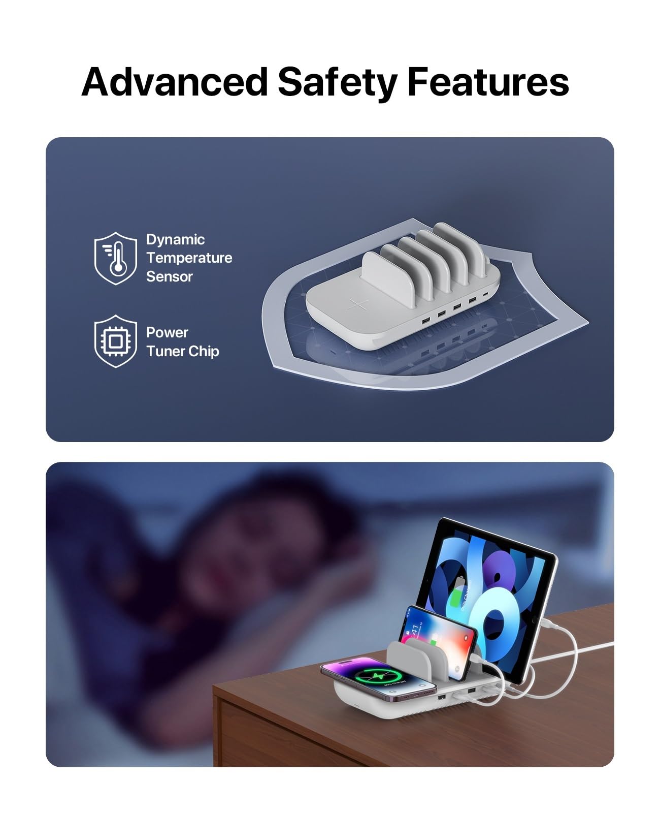 Ładowarka USB, 5-portowa stacja ładująca 70 W z bezprzewodową podkładką ładującą 15 W Port USB-C z 25 W PD3.0 dla wielu urządzeń 5 sztuk kabla mieszanego Wielofunkcyjne gniazdo USB