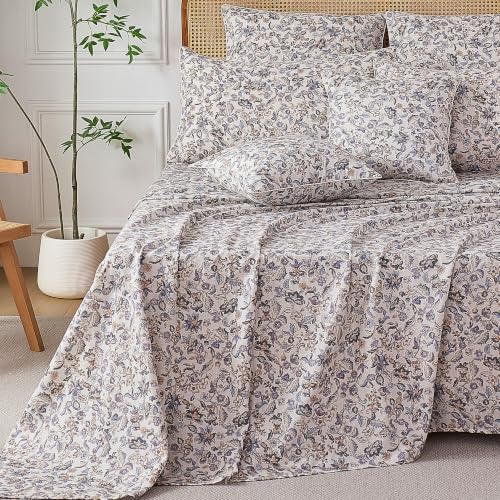 Image of FADFAY Beige Paisley Floral Bed Sheets Set 100% Muslin Cotton Double Gauze Sheets Queen Size Purple Leaves Printed Boho Sheets, Soft & Breathable Cooling Luxury Vintage Deep Pocket 17.5 inch