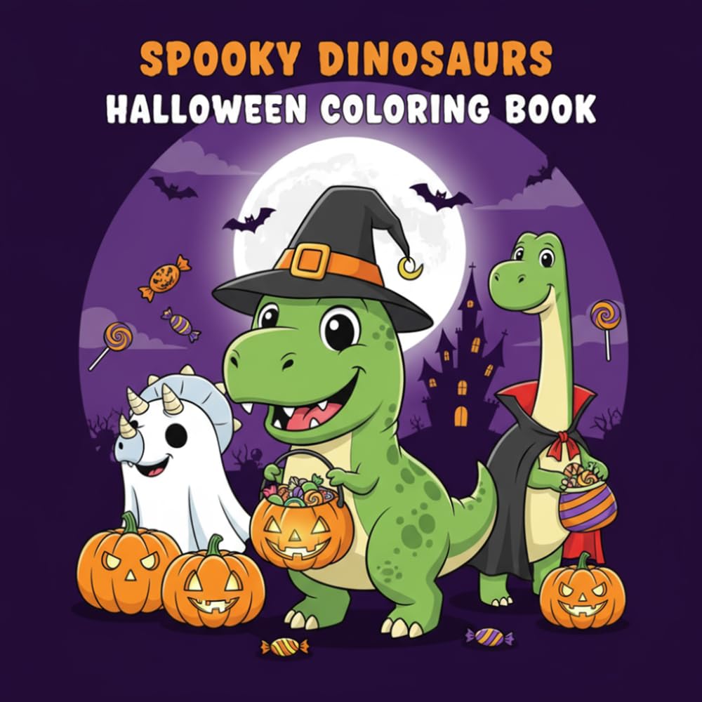 Spooky Dinosaurs Halloween Coloring: Adorable Dinosaur Halloween Coloring Pages with Pumpkins, Costumes, and Festive Scenes
