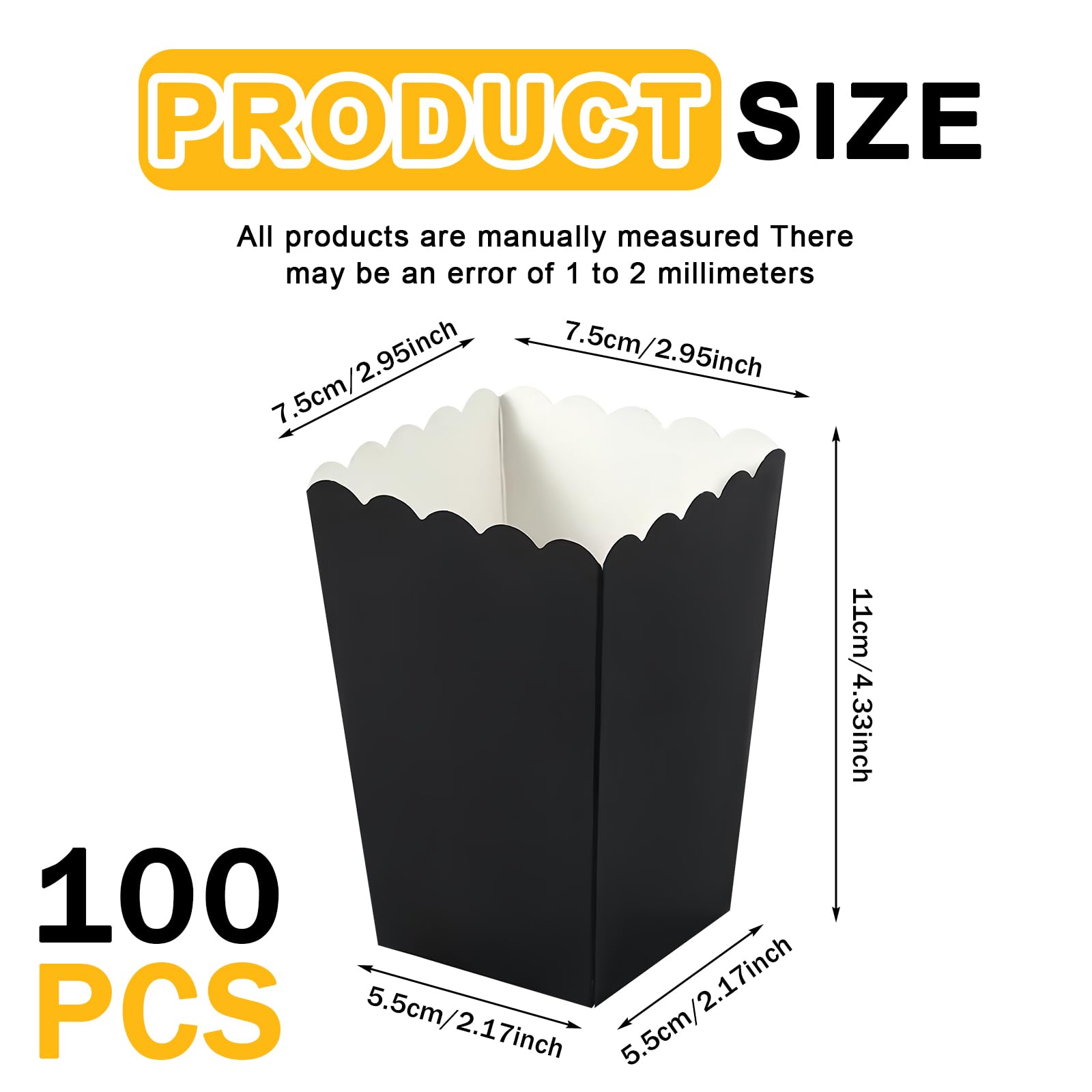 Lot de 100 sachets à pop-corn réutilisables en carton, sacs en papier de fête, petits sacs à pop-corn, boîte à goûter pour soirée cinéma, fête d'anniversaire, Noël (noir)