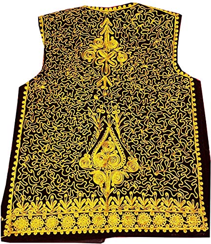 Afghan Traditional men's Black velvet vest with heavy gold braided embroidery2