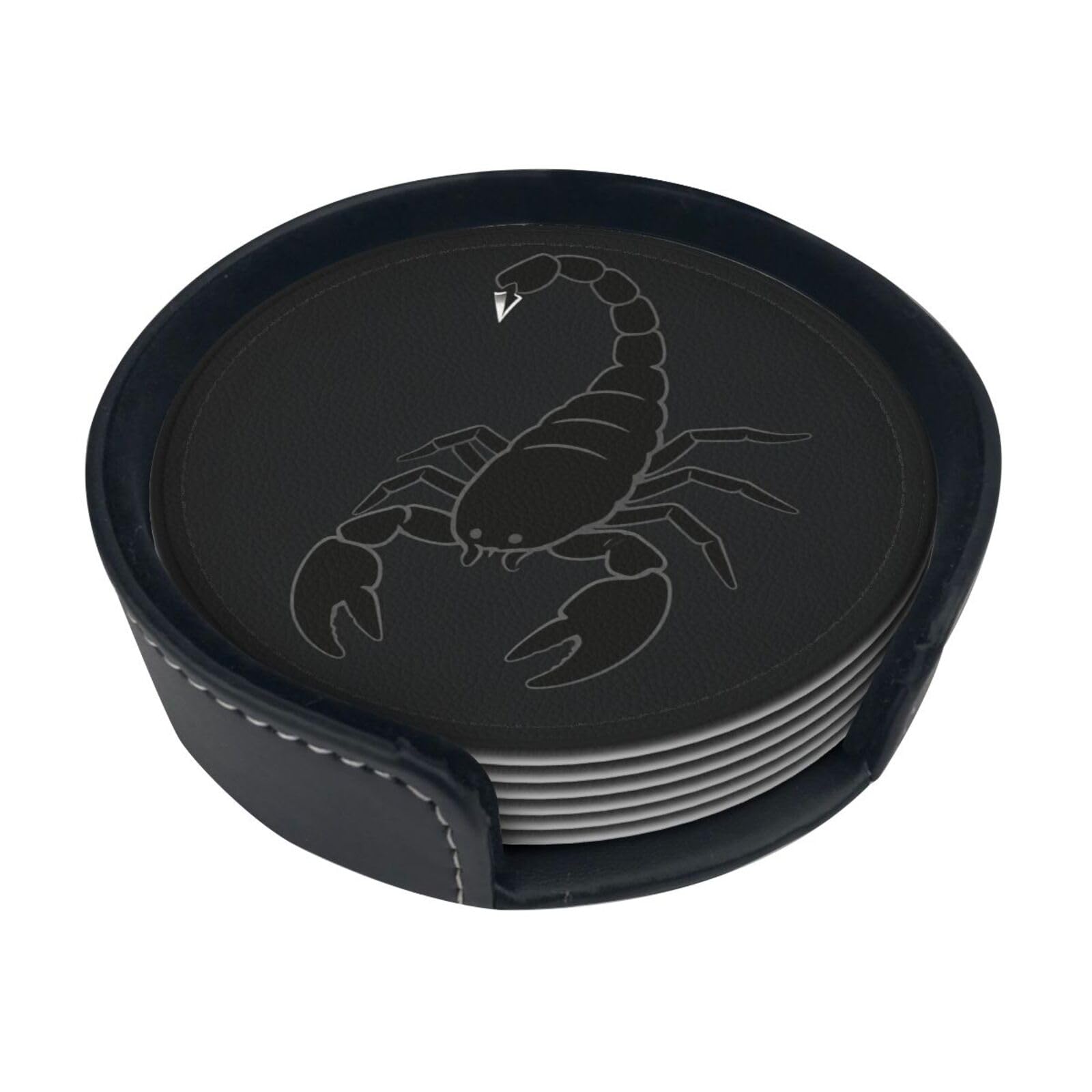 Cntdbu White Scorpion Tail Leather Coasters Set Of 6-Pu Leather Drink Mats For Table, Heat Resistant Round Coasters With Holder