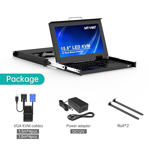 Miniatura 4 de MT-VIKI Consola KVM de montaje en rack de 1U, conmutador KVM VGA de 8 puertos con monitor LCD de 15,6 pulgadas, 1080P, montaje en gabinete de