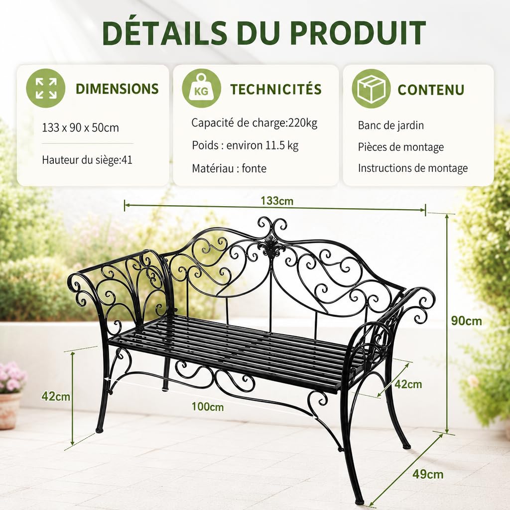 HLC Banc de Jardin pour l'extérieur 133 x 49 x 90 cm Banc Jardin rétro en métal pour 2 à 3 Personnes, idéal pour Jardin Balcon terrasse | En fer noir. Charge maximale : 200 kg. 133 x 49 x 90 cm