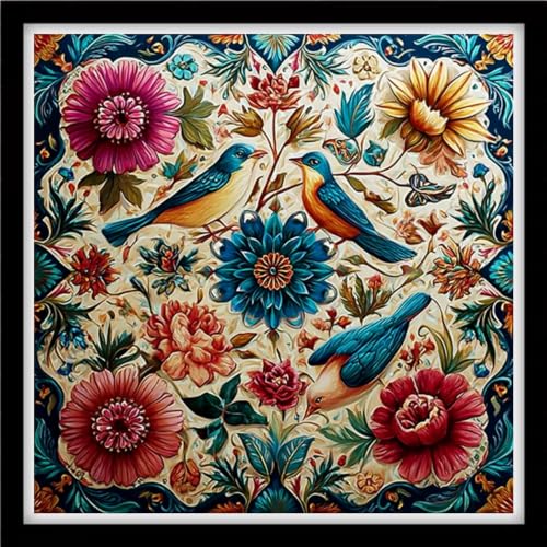 Image of Foxhool Stamped Cross Stitch Kits,11CT Printed Cross Stitch Pattern Full Embroidery Kits for Beginner Needlepoint Kits-Birds Singing and Flowers Fragrant 18x18 inchs