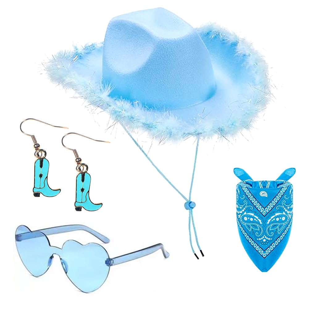WFKKMEQ Cowboy Hat for Women, 4PCS Cowgirl Hat Set with Bandana Sunglasses Earrings Wide Brim Cowboy Hats Western Cowgirl Costume Accessory Fancy Dress Cosplay Costume for Halloween Carnival (Blue)