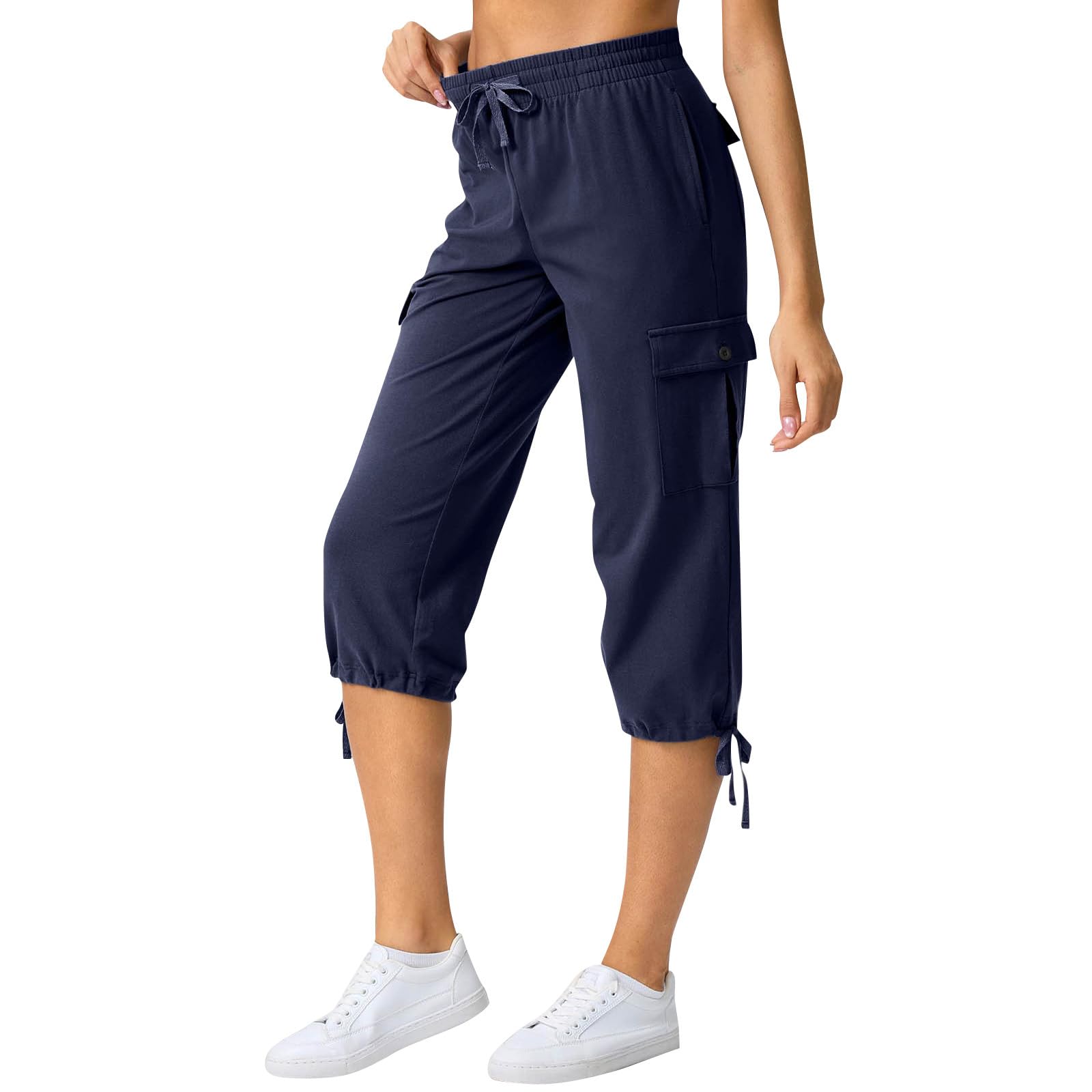 Womens Plus Size Capris Summer Casual Cargo Capris Plus Size Cotton Capri Pants with Pockets Drawstring Capri Sweatpants Outdoor Hiking Pants Elastic Waist Travel Pant Cargo Joggers for Camping Golf