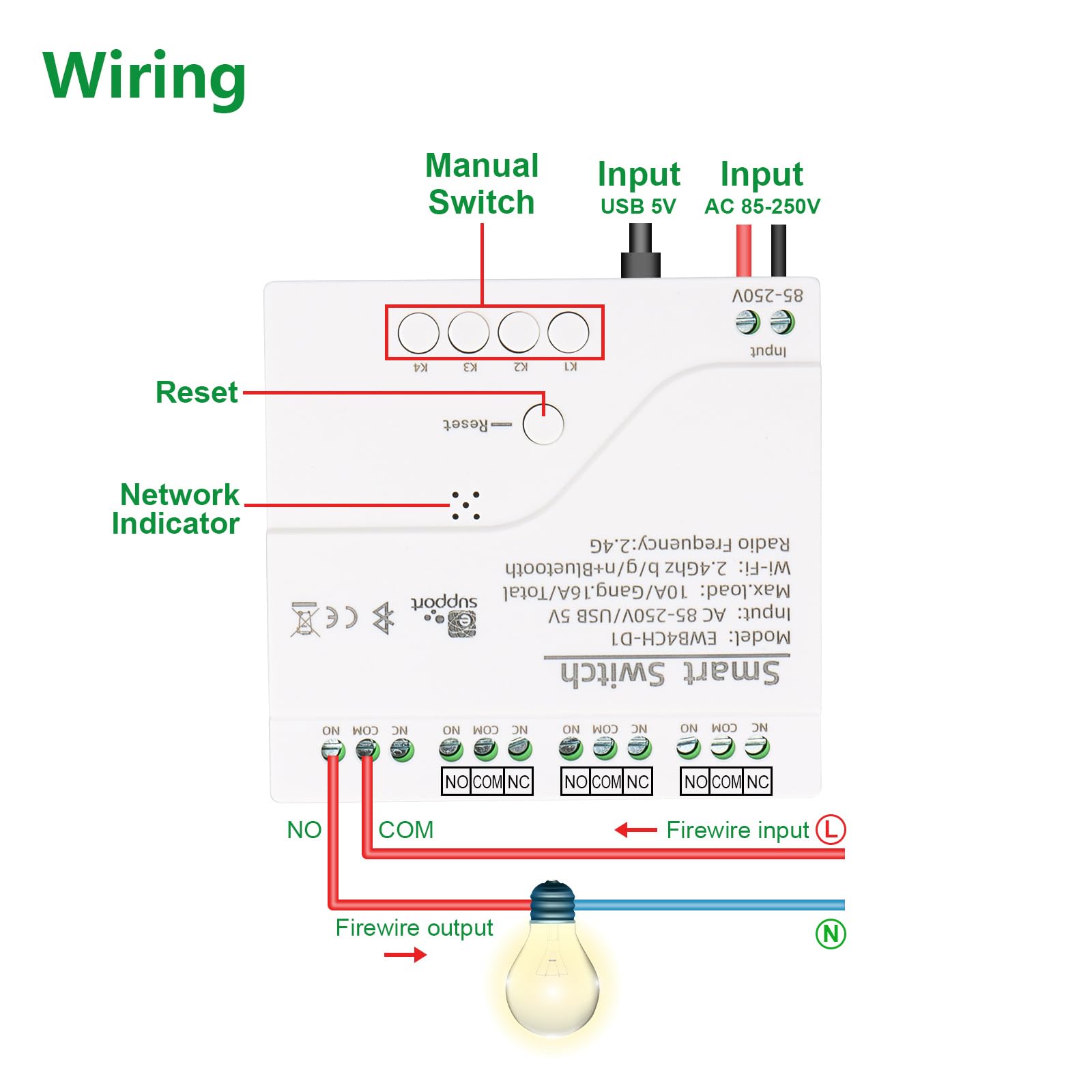 Wengart Interruptor de relé WiFi inteligente AC 85-250 V 10 A, módulo de relé de 4 canales de contacto seco, 2,4 GHz, aplicación Ewelink, funciona con Alexa Google Home, admite tres modos de control
