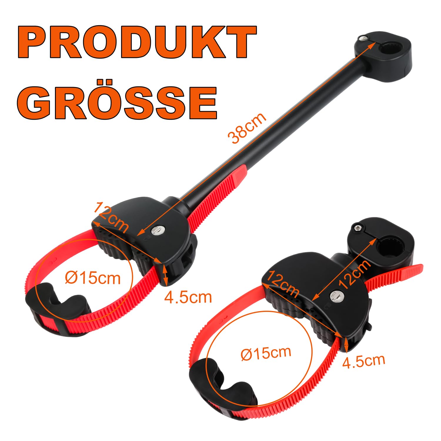TEOV 2 Stück Rahmenhalter für Fahrradträger Länge 12CM+38CM, Verstellbarer Strap-Rahmenhalter für E-Bike mit Verriegelung, für Ø 2.5-3 cm U-Bügelrohr (Schwarz+Rot)