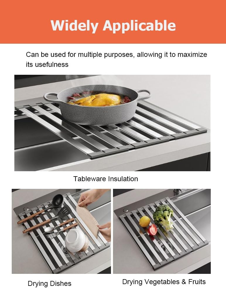 Escurridor de Platos Extensible de Acero Inoxidable 304 de 43,5/52,5 Pulgadas para Colocar sobre el Fregadero, Plegable, Antideslizante y Resistente al Calor.