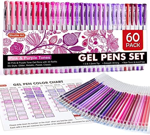 Shuttle Art 60 Pack Tone , Pink Purple Gel Pens with 30 Refills for Adults Coloring Books Journaling Drawing Nature, Landscapes, Animals Scenes