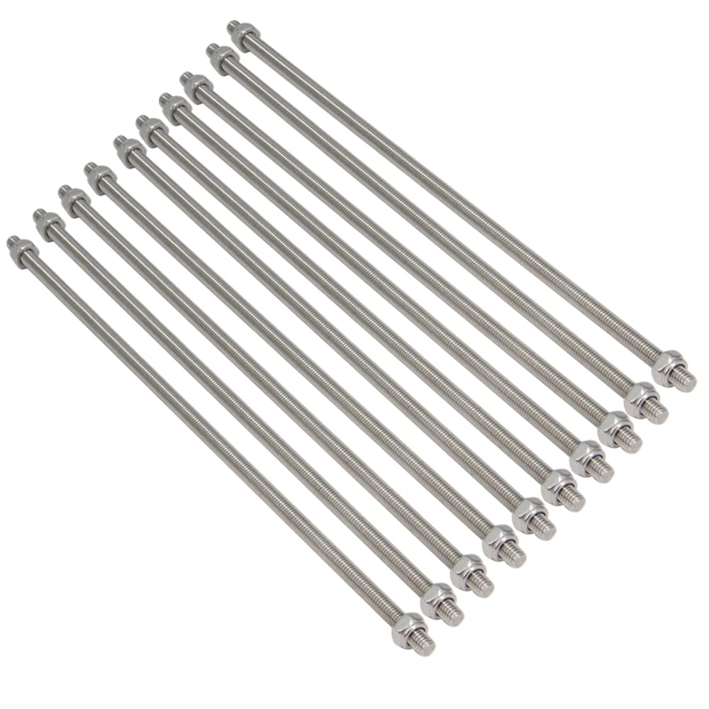 Yeebyee M6 x 250mm 304 Stainless Steel Fully Threaded Rod, Right Hand Threads 1mm Pitch with 20pcs Lock Nuts, 10pcs/Pack