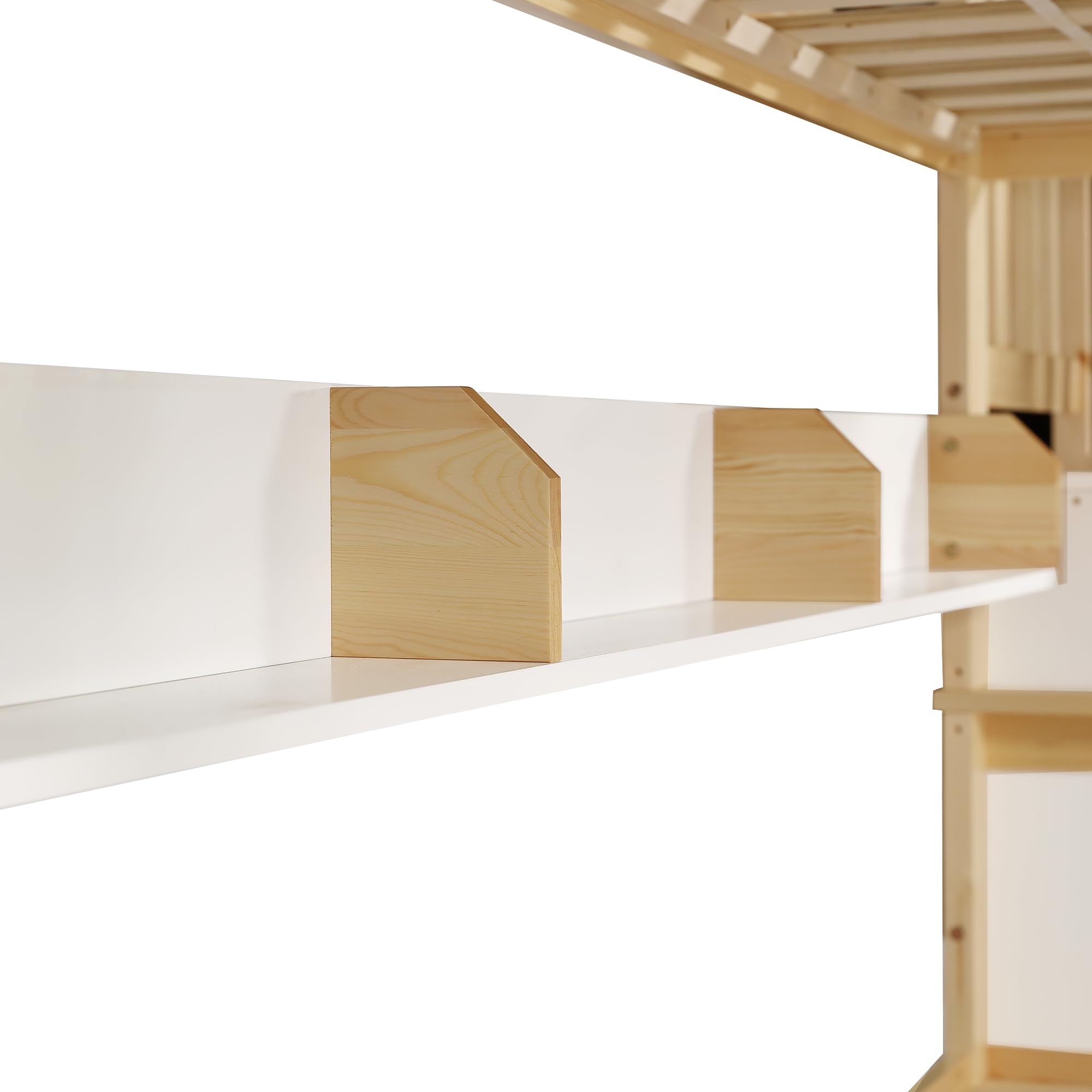 Idemon Lettino a castello, con protezione anticaduta e griglia, progettato con tre posizioni, con letto a rotelle, con armadio, scala angolare, pino+MDF, bianco+naturale, 90 x 200 x 200 x 200 x 200 cm