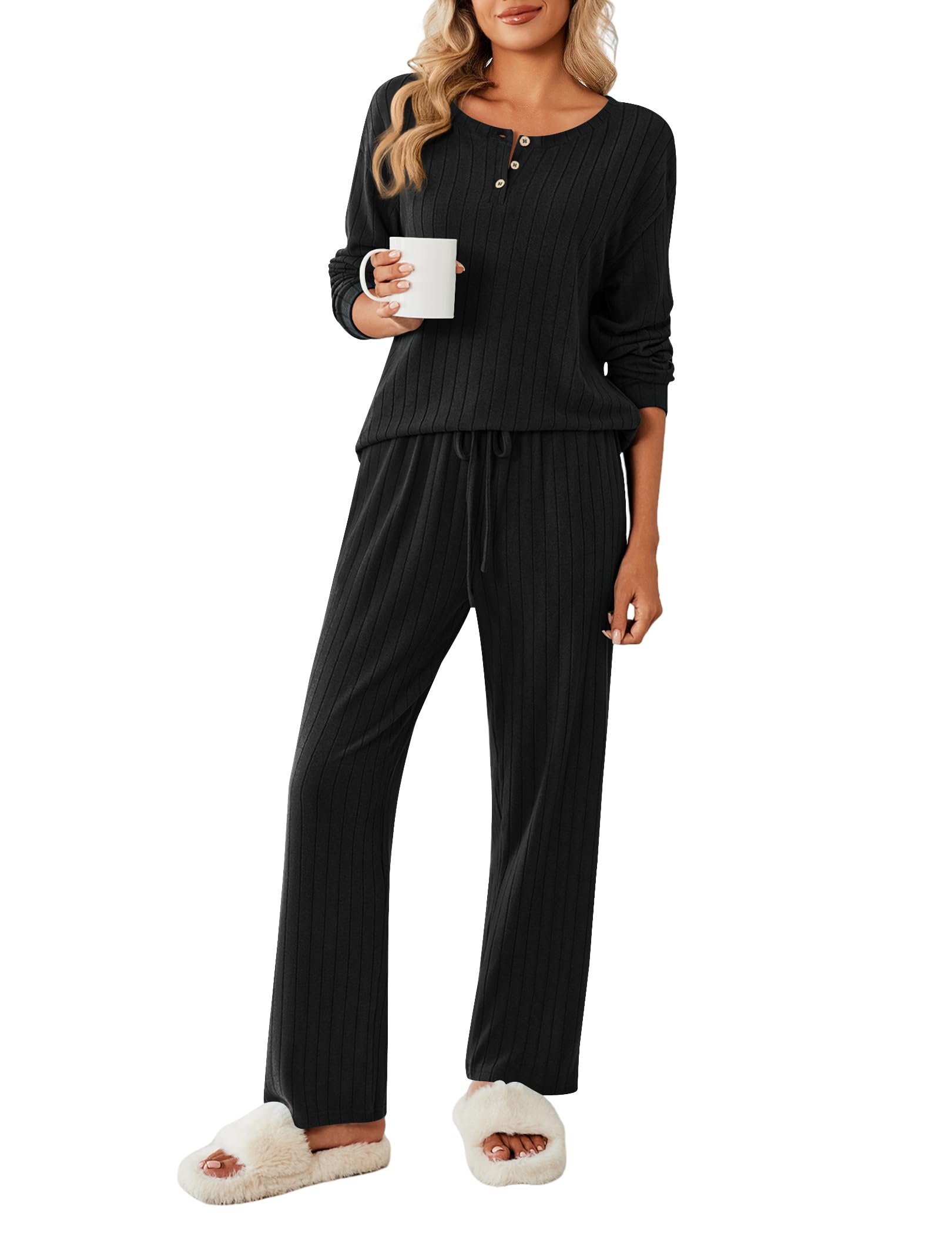 Ekouaer Schlafanzug Damen Lang Pyjama Set Rundhals mit Knöpfen Zweiteiler Sleepwear Winter Loungewear für Frauen, S-XXL