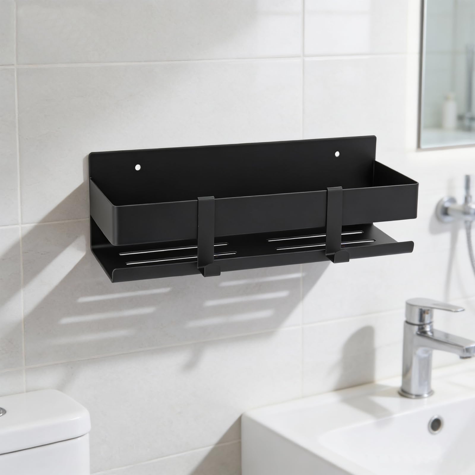 Estanteria Baño Sin Taladro Negro, Estanteria Ducha Sin Taladro Engrosado, 30 cm Estante Ducha de Acero Inoxidable, Organizador Baño De Pared, Almacenaje Baño para Champú y Gel de Ducha