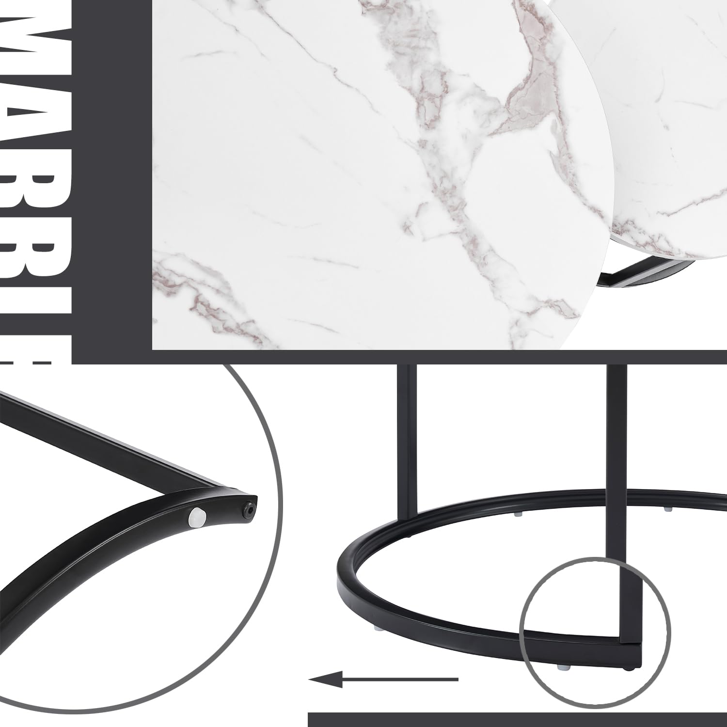 Tavolini da Salotto set di 2 pezzi, Marmo Effetto Texture Tavolo Rotondo, cornice nera Tavolino da Salotto Moderno, Tavolino Salotto Bianco accomodabilee