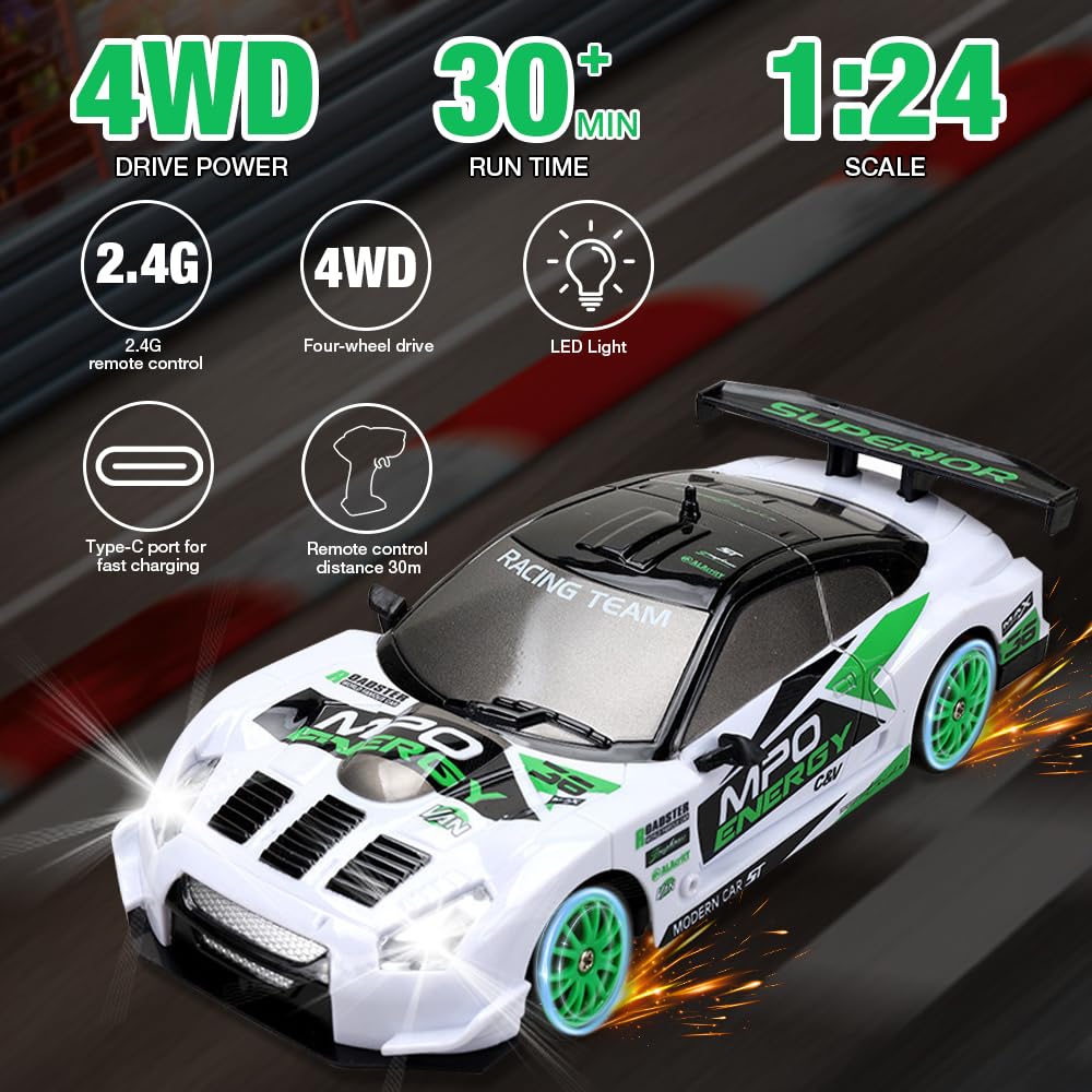 KBIBCK Macchina Telecomandata Drift, RC Drift Car 1:24, 2,4 GHz 30km/h 4WD Macchina Radiocomandata Con Luce Ledmini Macchina Telecomandata Drift Auto Radiocomandata Regalo Per Adulti E Bambini 0 4