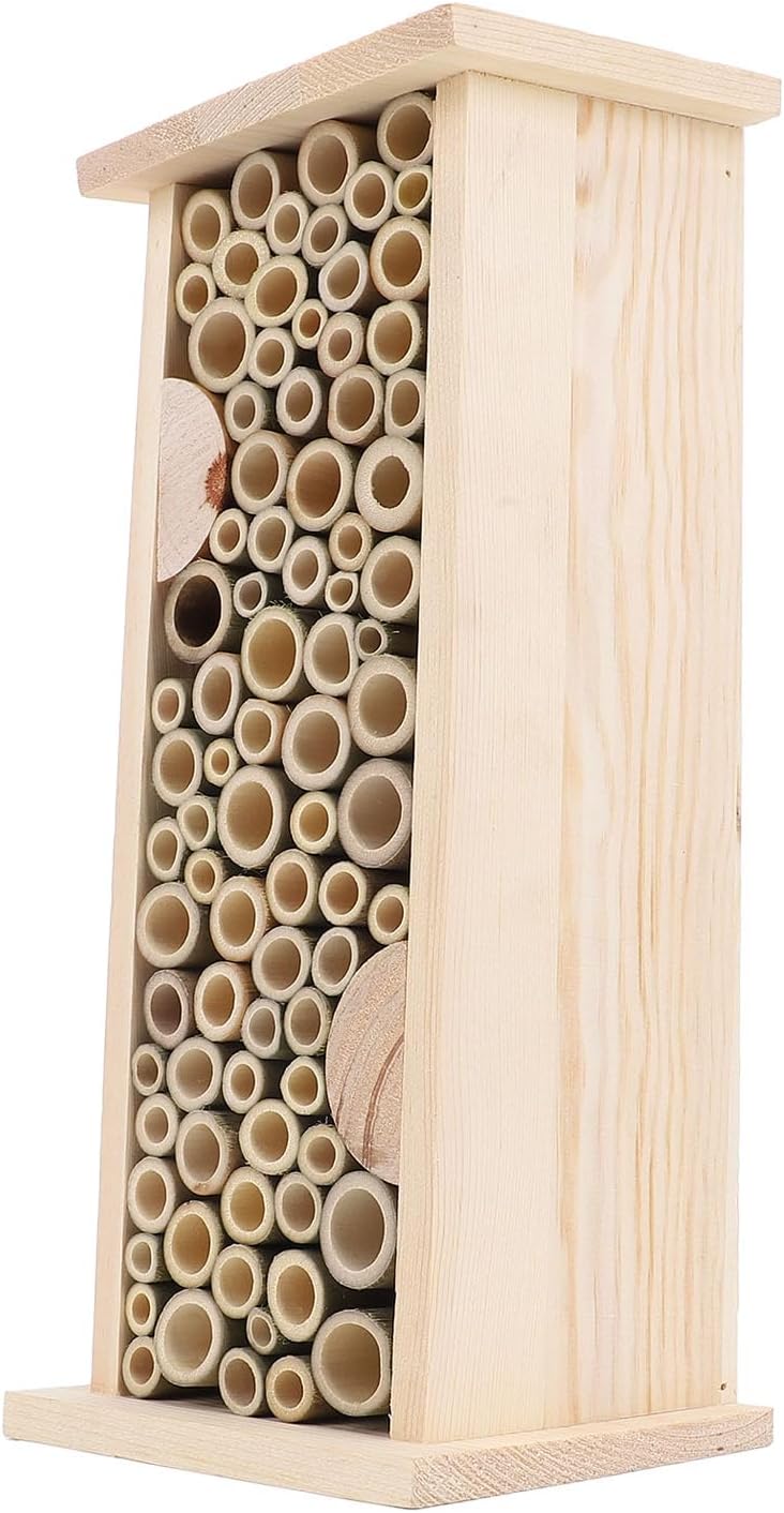 generic Bee Hotel Handmade Solid Wood Hanging for Garden: House with Natural Insects to Attract Pollinators, Waterproofing Wild Bee Nests for
