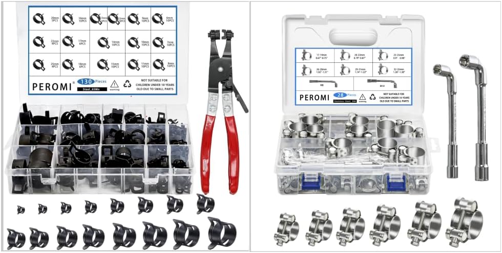 130Pcs Hose Clamps Assortment Kit, 6-25mm Spring & T-bolt Clamps, 28pcs Heavy Duty Radiator Hose Clamps, Silver, Stainless Steel